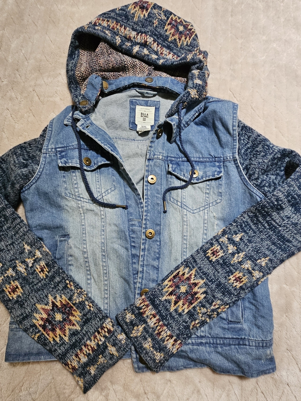 Billabong Light Blue Denim Jacket with Navy Patterned Knit Sleeves and Hood